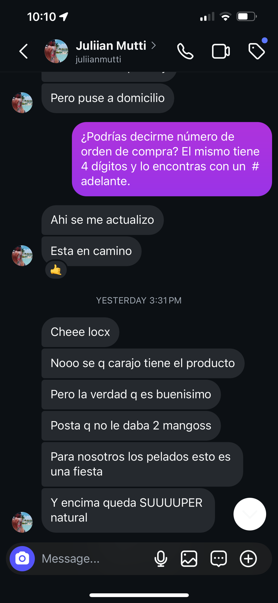 Captura de mensaje de cliente